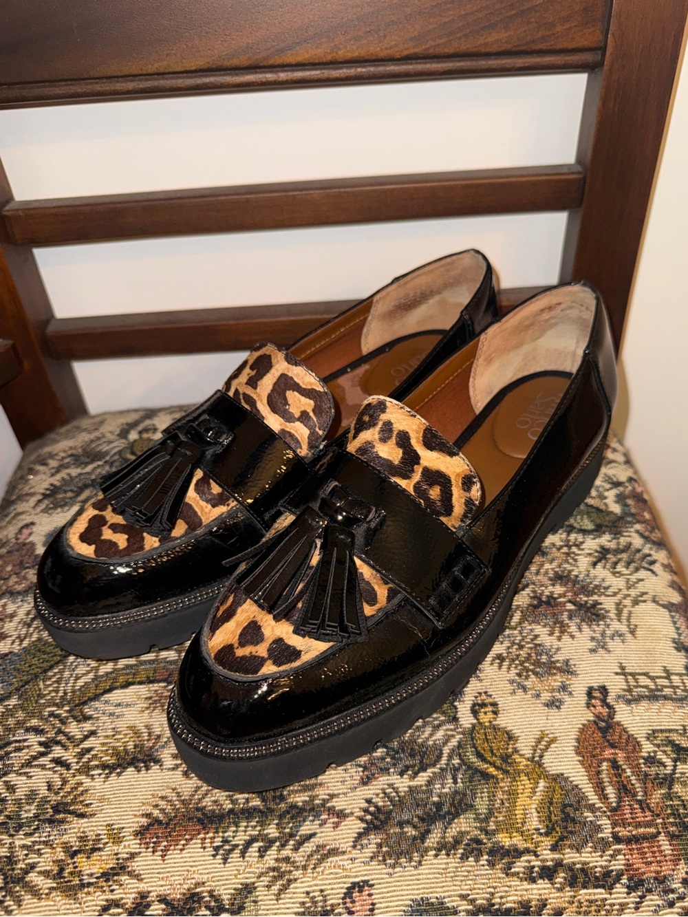 Franco Sarto Black Patent Leather Loafers with Leopard Print - Picture 4 of 14